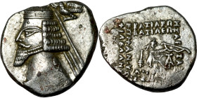 Kings of Parthia. Phraates IV. A drachm. Obverse: Diademed bust of Phraates left; eagle with wreath in beak above to right. Rev. ΒΑΣΙΛΕΩΣ ΒΑΣΙΛΕΩΝ AP ...