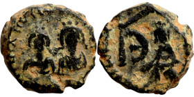 Justin I and Justinian (527), Pentanummium. Antioch. Obverse: Two bust of emperors. Reverse: Tyche, Large E
11mm 2,13g0