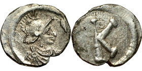 Anonymous, time of Justinian I, AR, Half Siliqua Obv: Draped and cuirassed bust of Constantinopolis to right, wearing crested helmet. Rev: Large K.
1...