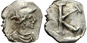 Anonymous, time of Justinian I, AR, Half Siliqua Obv: Draped and cuirassed bust of Constantinopolis to right, wearing crested helmet. Rev: Large K.
1...