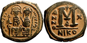 Justin II and Sophia Follis Obverse: DN IVSTINVS PP AVG Justin and Sophia on thrones Reverse: Large M between ANNO and regnal year, above cross.
27mm...