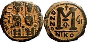 Justin II and Sophia Follis Obverse: DN IVSTINVS PP AVG Justin and Sophia on thrones Reverse: Large M between ANNO and regnal year, above cross.
27mm...