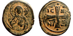 Anonymous Follis attributed to Michael IV(1034-1041). Obverse: +ЄMMA-NOVH Nimbate Christ Antiphonetes standing facing Reverse: Large cross IC-XC / NI-...