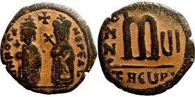 Phocas and Leontia.(602-610). Follis. . Obverse: Standing Phocas and Leonita Reverse: Large m between ANNO and regnal year.
25mm 9,38g

Artificial ...