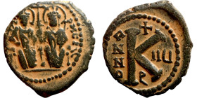 Justin II and Sophia (565-578) Half Follis Obverse: DN IVSTINVS PP AVG Justin and Sophia on thrones Reverse: Large K between ANNO and regnal year
26m...