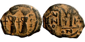 Heraclius and Hercalius. Constantine (610-641) Follis. Obverse: Heraclius on left, Heraclius Constaninte on right, . Reverse: ANNO, Large M, cross abo...