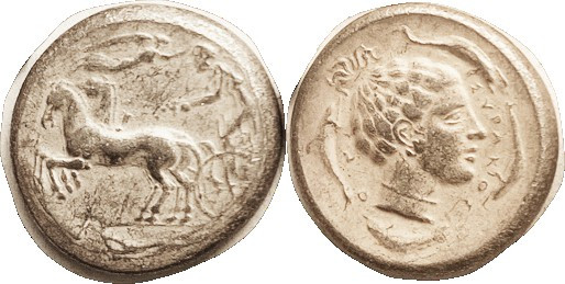 SYRACUSE, Tet, 440-430 BC, Chariot l./Artemis hd r, 4 dolphins; COPY, struck in ...