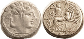 SILVER, Quadrigatus, c.225-212 BC, Janus heads/Jupiter in quadriga, Cr. 28/3; AVF, nrly centered on a thick narrow flan, bright faintly grainy silver....
