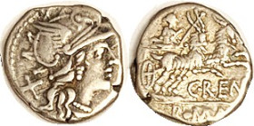 C. Renius, Den, 138 BC, Roma head r/Juno Caprotina in biga of goats, Cr.231/1, Sy.432; VF, on usual smallish flan, sl irregular, but nothing missing (...
