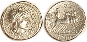 Q. Curtius & M. Sergius Silus, 116-115 BC, Den., Cr.285/21, Sy.537; Roma head r/Jupiter in quadriga r; EF, well centered & struck, good bright metal. ...
