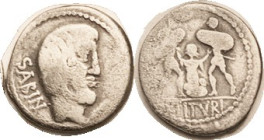 L. Titurius Sabinus, Den, 89 BC, Cr. 344/2b, Sy.699, Tatius head r/ 2 soldiers bashing Tarpeia with shields, and she doesn't like it one bit; F, rev s...