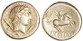 P. Crepusius, Den, 82 BC, Cr. 361/1c, Sy.738a, Apollo head r, lizard to rt/horseman r; Nice VF, centered, excellent metal with lt tone. (A GVF with sc...