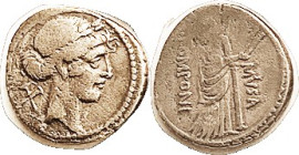 Q, Pomponius Musa, 66 BC, Den., Apollo head r, crossed flutes behind/Euterpe, Muse of lyric poetry stg r., Cr. 410/5, Sy..815 (Rarity 4); F-VF, center...
