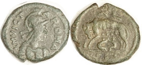 OSTROGOTHS, Athalaric, 526-34, Follis, 25x28 mm, thick heavy flan, INVICTA ROMA, Roma bust r/wolf & twins, XL above; F+, centered, dark green patina, ...