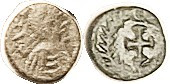 VANDALS, Hilderic, 523-30, Æ Nummus, Bust r/cross in wreath; F-VF, sl off-ctr, dark greenish patina, crude obv. Ex CNG 4/09 as VF, sold for $207. (Ano...