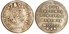 PAPAL STATES, Quattrino 1802, 22 mm, AVF, rumor of bendiness, but nice, lt brown.