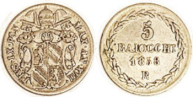 PAPAL STATES, Ar 5 Bai, 1858-R-XIII, Choice VF, lt tone.