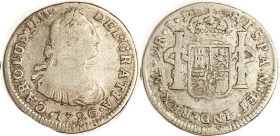 PERU, 2 Reales 1796-IJ, VG-F, very decent coin despite some faint scrs only an idiot would even mention. (Compare a VF sold for $230, CNG eAuc 8/08.)