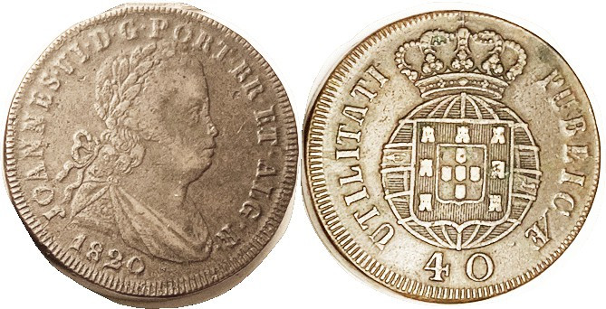 PORTUGAL, 40 Reis 1820, big 37 mm & thick, Bust r/ Arms, AVF/VF+, nice medium br...