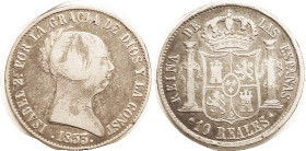 SPAIN, 10 Reales, 1853 7-pt star, AF, nice old toning, bold portrait of Isabella II.