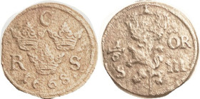 SWEDEN, 1/6 Ore 1668, 26 mm, Crowned Lion/3 crowns; F, crude, moderately grainy lt brown.