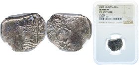 Bolivia Spanish colony 1673 P E 1 Real - Charles II Silver (.931) Potosi Mint 3.2g NGC VF Seawater Corrossion KM 23