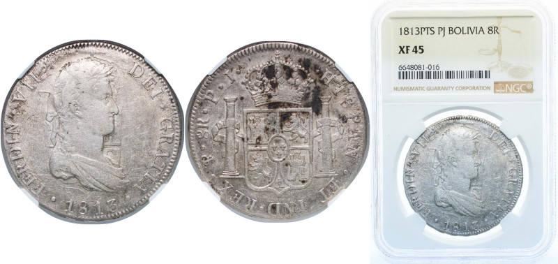 Bolivia Spanish colony 1813 PTS PJ 8 Reales - Ferdinand VII ¨Two columns are see...