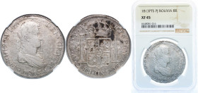 Bolivia Spanish colony 1813 PTS PJ 8 Reales - Ferdinand VII ¨Two columns are seen on the portrait on both sides¨ Silver (.896) Potosi Mint 27.07g NGC ...