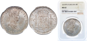 Bolivia Spanish colony 1819 PTS PJ 8 Reales - Ferdinand VII Silver (.896) Potosi Mint 27.07g NGC MS 62 KM 84