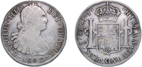 Chile Spanish colony 1802 So JJ 8 Reales - Charles IV (bust of Charles IV) Silver (.896) Santiago Mint 26.71g XF Slight defect on edge KM 51