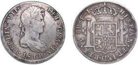 Chile Spanish colony 1814 So FJ 8 Reales - Ferdinand VII (bust of Ferdinand VII) Silver (.896) Santiago Mint (368000) 25.94g VF KM 80