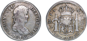 Chile Spanish colony 1815 So FJ 8 Reales - Ferdinand VII (bust of Ferdinand VII) Silver (.896) Santiago Mint 26.02g VF Corrosion KM 80