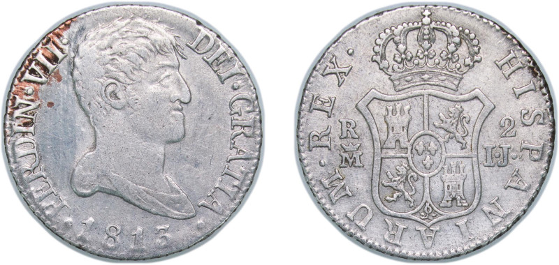 Spain Kingdom 1813 M IJ 2 Reales - Ferdinand VII (Draped bust; DEI · GRATIA) Sil...