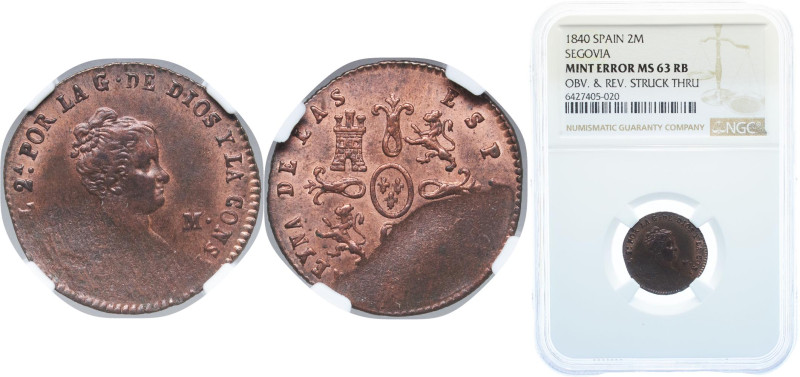 Spain Kingdom 1840 2 Maravedis - Isabel II Copper Segovia Mint 2.5g NGC MINT ERR...