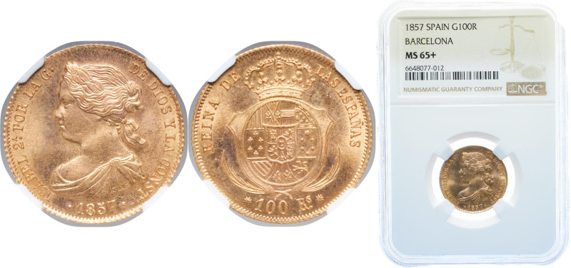 Spain Kingdom 1857 100 Reales - Isabel II Gold (.900) Barcelona Mint 8.3g NGC MS...