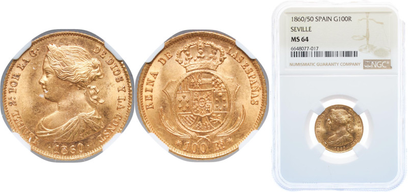 Spain Kingdom 1860/50 100 Reales - Isabel II Gold (.900) Seville Mint 8.3g NGC M...