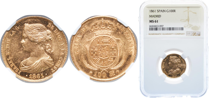 Spain Kingdom 1861 100 Reales - Isabel II Gold (.900) Madrid Mint 8.3g NGC MS 61...