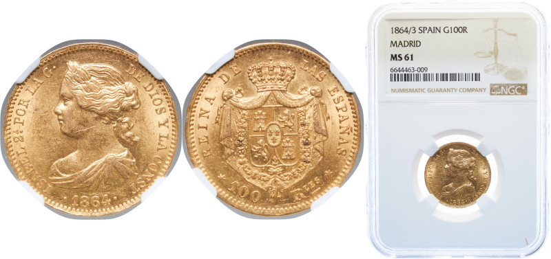Spain Kingdom 1864/3 100 Reales - Isabel II Gold (.900) Madrid Mint 8.3g NGC MS6...