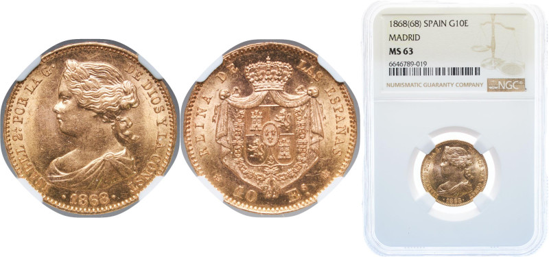 Spain Kingdom 1868 *18-68 10 Escudos - Isabel II Gold (.900) Madrid Mint 8.387g ...