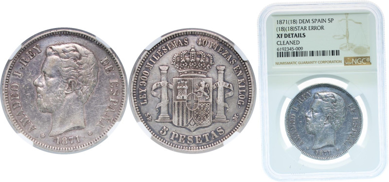Spain Kingdom 1871 *18-18 SD.M 5 Pesetas - Amadeo I Silver (.900) Madrid Mint 25...