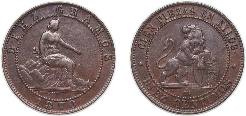 Spain Provisional Government 1870 OM 10 Centimos Bronze Barcelona Mint (17008800...