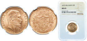 Belgium Kingdom 1875 20 Francs - Léopold II Gold (.900) Brussels Mint (4134253) 6.452g NGC MS 65 KM 37 LA BFM-155 to 162 Delmonte G 1294 Fr 8