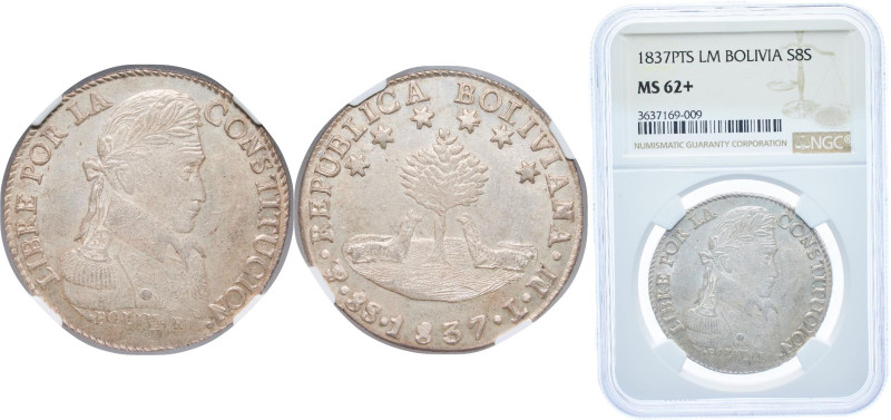 Bolivia Republic 1837 PTS LM 8 Soles Silver (.903) Potosi Mint 27.065g NGC MS 62...