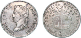 Bolivia Republic 1855 PTS MJ 8 Soles Silver (.903) Potosi Mint 26.77g XF KM 112