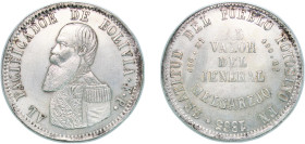 Bolivia Republic 1865 FP 1 Melgarejo (Monetary Medal) Silver (.666) Potosi Mint 19.62g UNC KM 146 Tapia 281 Tapia 282 Tapia 283 Burnett 95A1 Fonrobert...