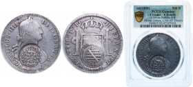 Brazil Portuguese colony 1808 960 Réis - João Prince Regent (Minas Gerais; countermarked Bolivia 8 Reales, KM#73) Silver (.896) 27.067g PCGS F Cleaned...