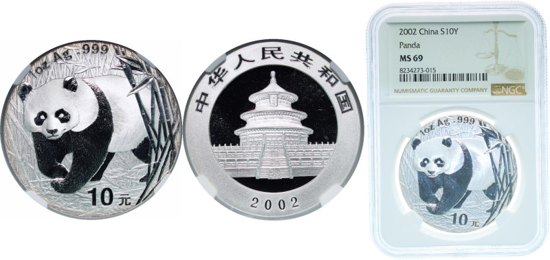 China People's Republic of China 2002 10 Yuan (Panda) Silver (.999) 31.1g NGC MS...