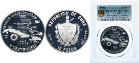 Cuba Second Republic 1990 10 Pesos (First Voyage of Columbus) Silver (.999) Havana Mint (10000) 20g PCGS PR 68 KM 267 JMA AAEE382