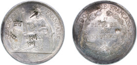 French Indochina French colony 1885 A 1 Piastre Chinese chopmarked 杞 至 贝 Silver (.900) Paris Mint (800000) 27.17g AU KM 5 Lec 266