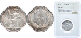 French Indochina French colony 1922 A 20 Cents Silver (.680) Paris Mint (5812000) 5.4g NGC MS 64 KM 17.1